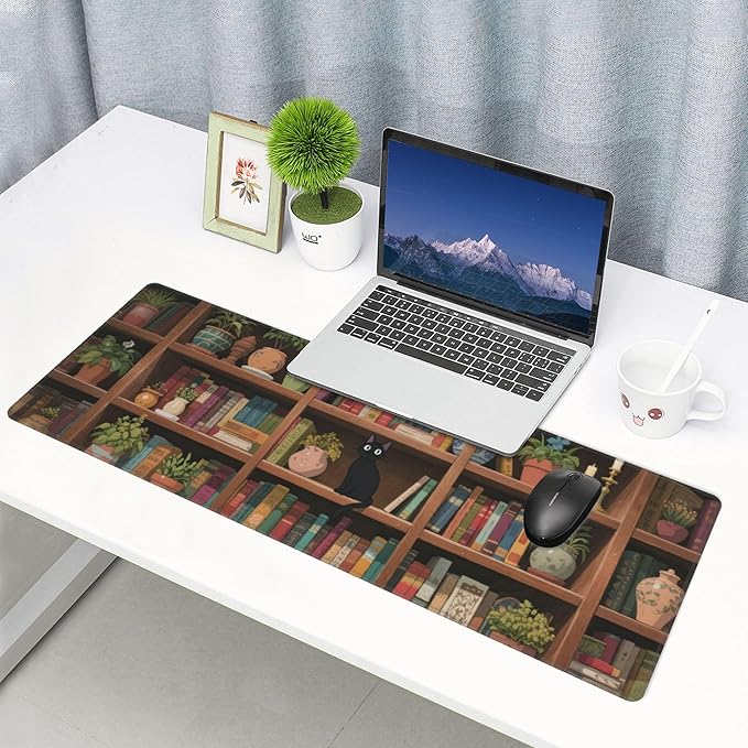 Bookshelf Cat Green Plants Large Mouse Pad, Anime Style Gaming Desk Mat, XL Keyboard Desk Pad Mat for Desktop, 31.5"x11.8" Non-Slip Base Big Mousepad with Stitched Edges