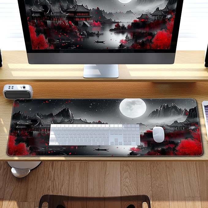 Japanese Desk Mat Riverside Full Moon Large Mouse Pad Gaming Mousepad Extended XL Keyboard Mat Computer Laptop Mouse Desktop Mat 31.5 X 11.8 Desk Decor