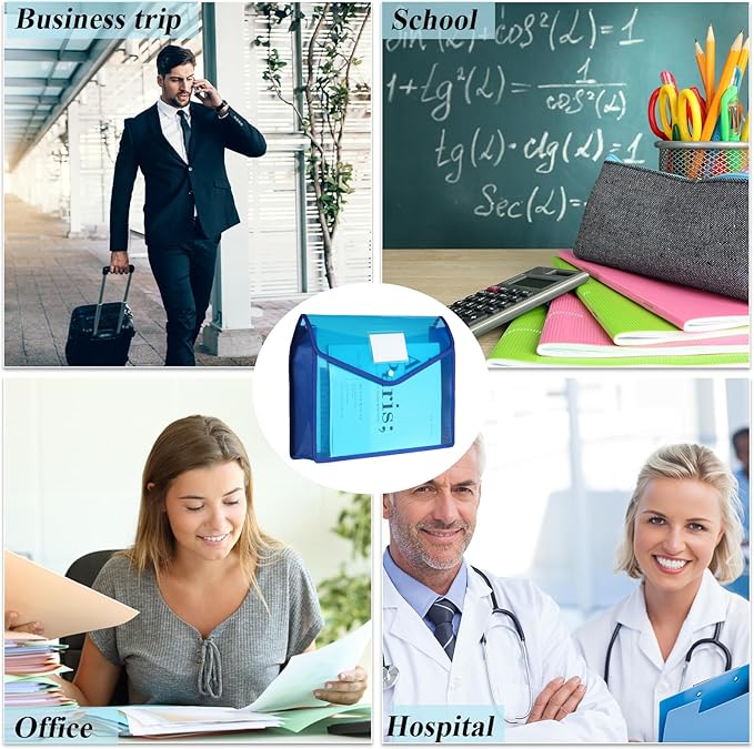 10 Pieces Plastic File Folders Envelope Expanding File Wallet Organizer Documents Folder with Snap Closure and Pocket, A4 Size Waterproof Transparent Pouch(Blue,Horizontal)