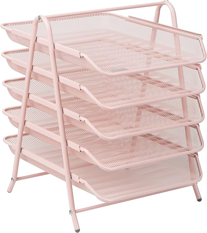 Mind Reader 5-Tier Paper Tray Organizer, Vertical Desktop File Storage Rack, Office, Metal Mesh, Pink