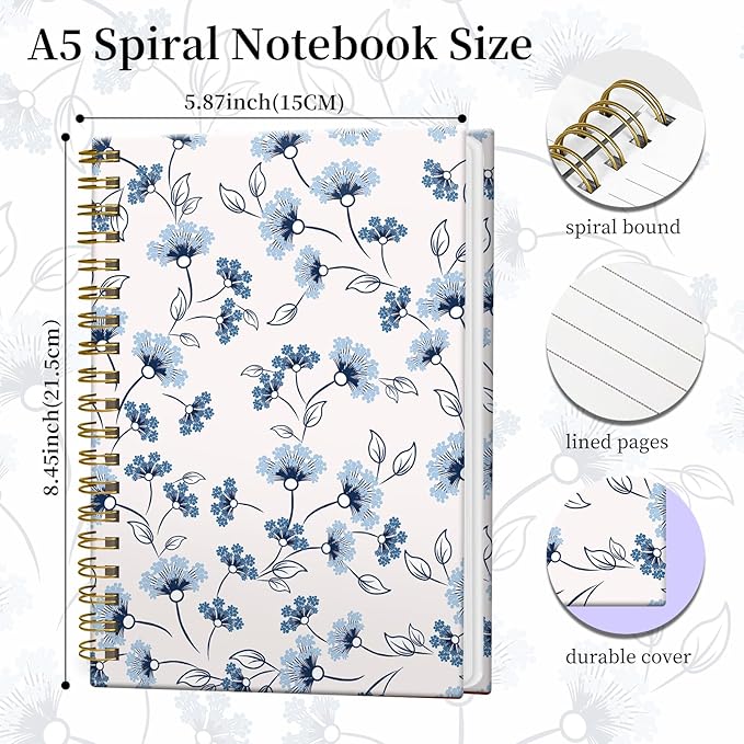 Spiral Notebook Journal for Women Men, A5 Hardcover Journal, 120 Pages Thick Paper, College Ruled Writing Notebook for School, Work & Office 8.3'' × 5.9''(Blue Flower Leaf)