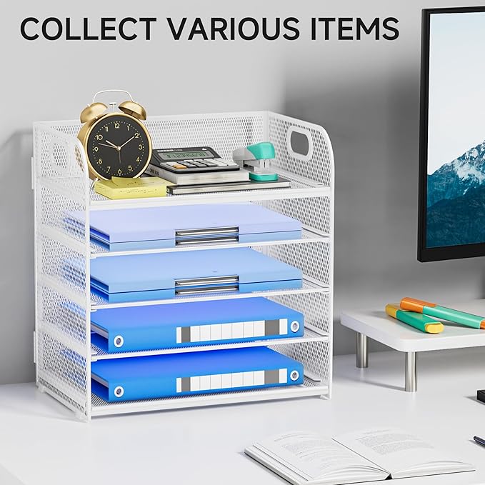 5 Tier Paper Organizer for Desk Organizer with Handle Mesh Letter Tray Organizer and Accessories Paper Sorter for Office or School-White