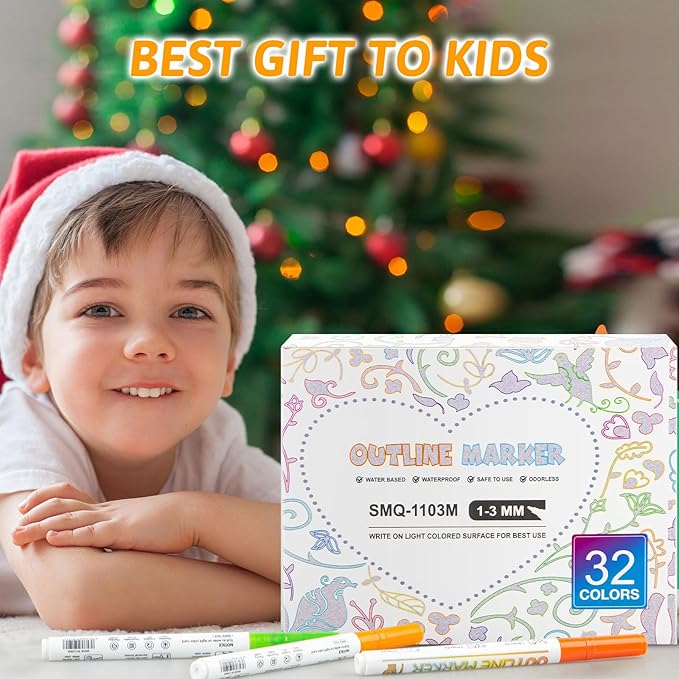 Outline Markers Self-outline Metallic Markers, 20 Silver&12 Gold Colors Double Line Outline Markers Super Squiggles Shimmer Glitter Pen Set for Christmas Greeting Card,Kid Drawing,Doodling,DIY Crafts