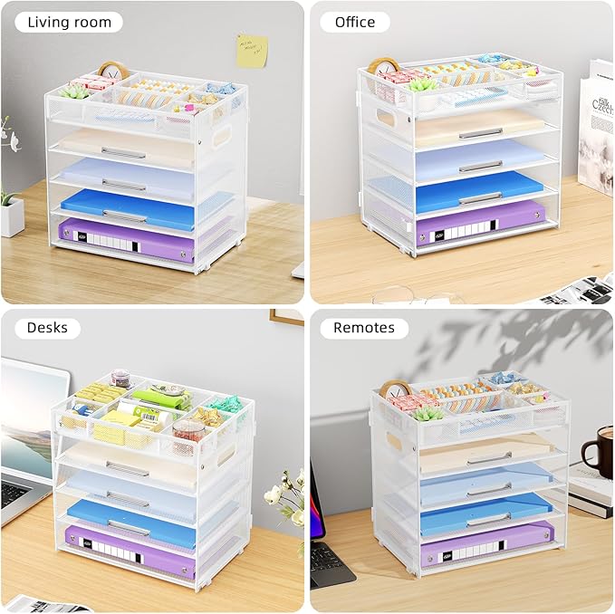 Marbrasse 5-Tier Letter Tray Paper Organizer with Handle, Multi-Functional Mesh File Organizer for Desk, Adjustable Compartments Mesh Desktop Storage for Office Supplies,White