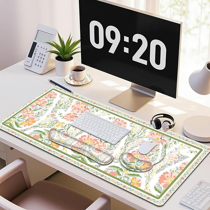 Desk Mat, 4in1 Large Mouse Pad with Wrist Rest, Cute Desk Matt for Desktop, Deskpad Mat, Anti-Slip XXL Computer Ergonomic Mousepad with Wrist Support for Keyboard and Mouse I Elegant Daisy Florals