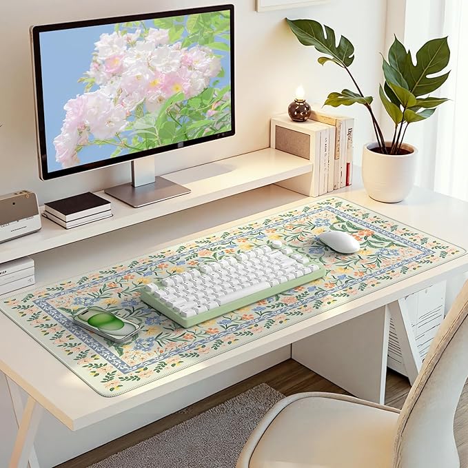 HAOCOO Desk Mat for Keyboard and Mouse, Large Keyboard Mats for Desk, Cute Desk Mat with Non-Slip Rubber Base, Computer Mat with Stitched Edges, Office Aesthetic (Green)