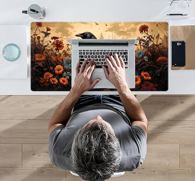 Anime Crow Kawaii Desk Mat Cute Retro Floral Mouse Pad Gaming Desk Pad XXL Large Desk Matt for Desktop Computer Mousepad, Laptop Keyboard Mouse Mat Office Decor Accessories for Women, 31.5x15.75 in