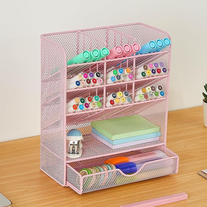 Spacrea Pen Holder Desk Organizer - Desk Organizers and Accessories, Pencil Holder with 10 Compartments and 1 Drawer(Pink)