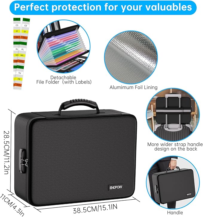 ENGPOW File Organizer Bag with 13 Pocket Accordion File Folder, Fireproof Document Organizer with Lock& Labels,Multi-Layer Portable Home Travel Safe Storage Box for Important Documents,Files and More