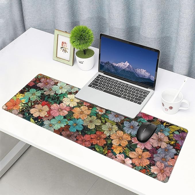 Colorful Flowers Large Mouse Pad, Watercolor Floral Gaming Desk Mat, XL Keyboard Desk Pad Mat for Desktop, 31.5"x11.8" Non-Slip Base Big Mousepad with Stitched Edges