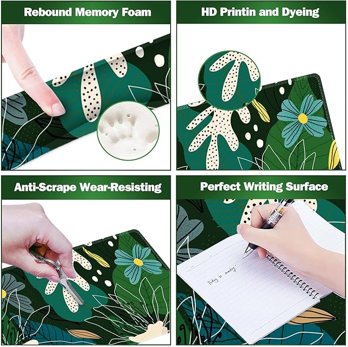 ARTSO Large Mouse Pad Wrist Rest Set,Extended Desk Mat+Keyboard Wrist Rest+Mouse Wrist Support+Coaster, 4in1 Non-Slip Desk Protector Pad Blotter for Home Office-Green Leaves Flowers Abstract