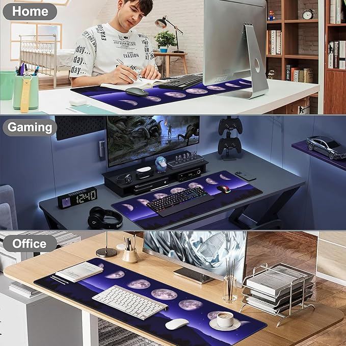 Mouse Pad, Large Moon Phases and Mountain Forest Desk Mat, Extended Non-Slip Gaming Keyboard Mousepad Desk Pad, Thick Stitched Edges Waterproof Mouse Mat 31.5"x15.7" (Moon Phase Changes)