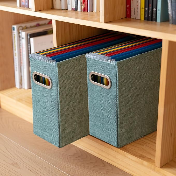 4 Packs Letter Size File Organizer, File Folders Organizer, Fabric Storage Box, Collapsible Paper Organizer with Metal Handle, Smooth PVC Rails, Only Box (Green)