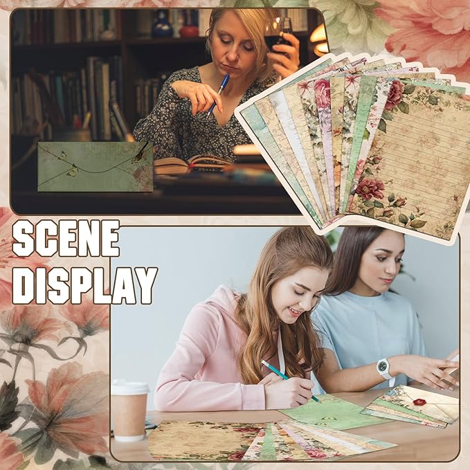 TaoBary 160 Pcs Stationery Paper Set 50 Double Sided Stationery Papers with 50 Matching Envelopes and 60 Round Dot Sticker, 10 Design(Vintage Floral,8.5 x 11 Inch)