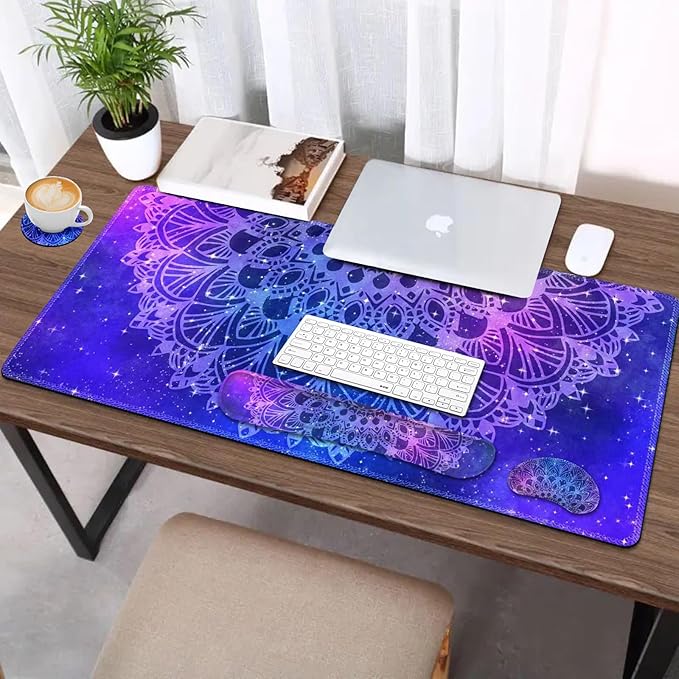 AIMSA Keyboard Mouse Pad Set, Large Gaming Mouse Pad +Wrist Rest Mouse Pad +Keyboard Wrist Support +Coaster, 35x15.7 inch Extended Desk Mat for Easy Typing Pain Relief (Blue Purple Mandala)