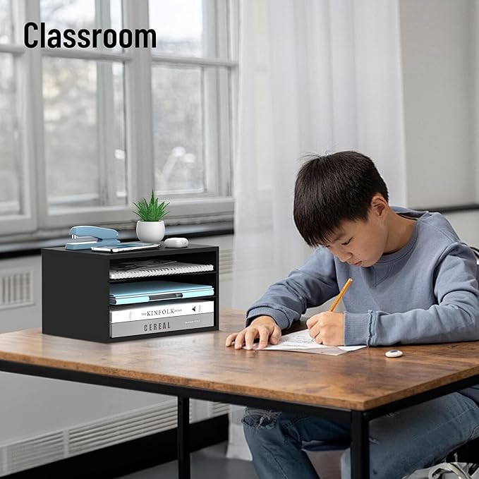 Wood Desk Organizer, 3 Tier Paper Tray Organizer for Desk with Adjustable Storage Shelves, Desktop Paper Sorter Mail Holder for Office Home Classroom, Black