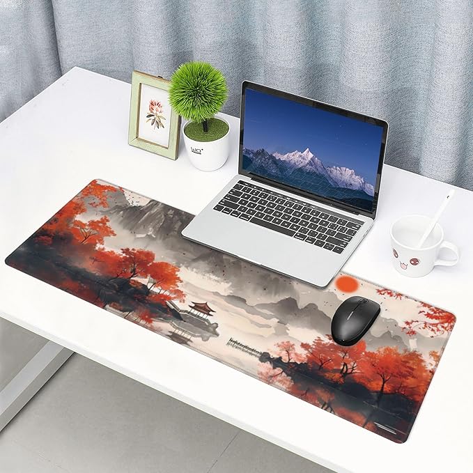 Autumn Landscape Ink Painting Large Mouse Pad, Japanese Anime Gaming Desk Mat, XL Keyboard Desk Pad Mat for Desktop, 31.5"x11.8" Non-Slip Base Big Mousepad with Stitched Edges