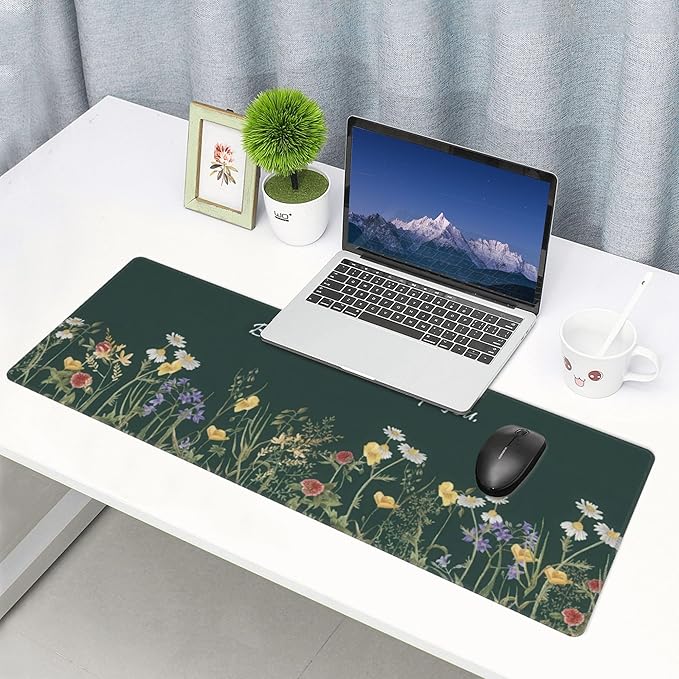 Floral Inspirational Quote Large Mouse Pad, Flowers Gaming Desk Mat, XL Keyboard Desk Pad Mat for Desktop, 31.5"x11.8" Non-Slip Base Big Mousepad with Stitched Edges