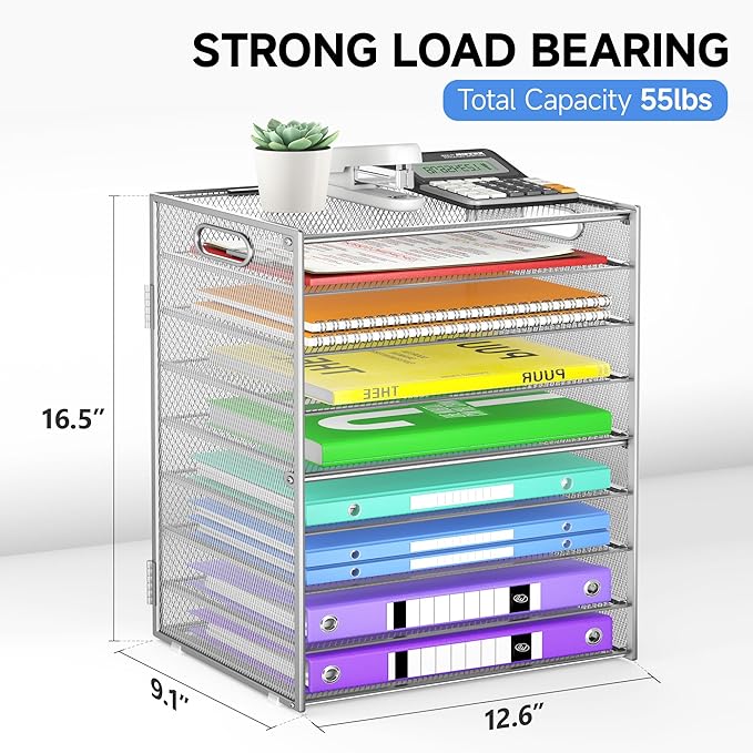 9 Tier Paper Organizer with Handle, Large Capacity Desk Organizer Mesh Paper Letter Tray File Folder Document Sorter for Classroom and Office Accessories Organization- Silver (2 Pack)