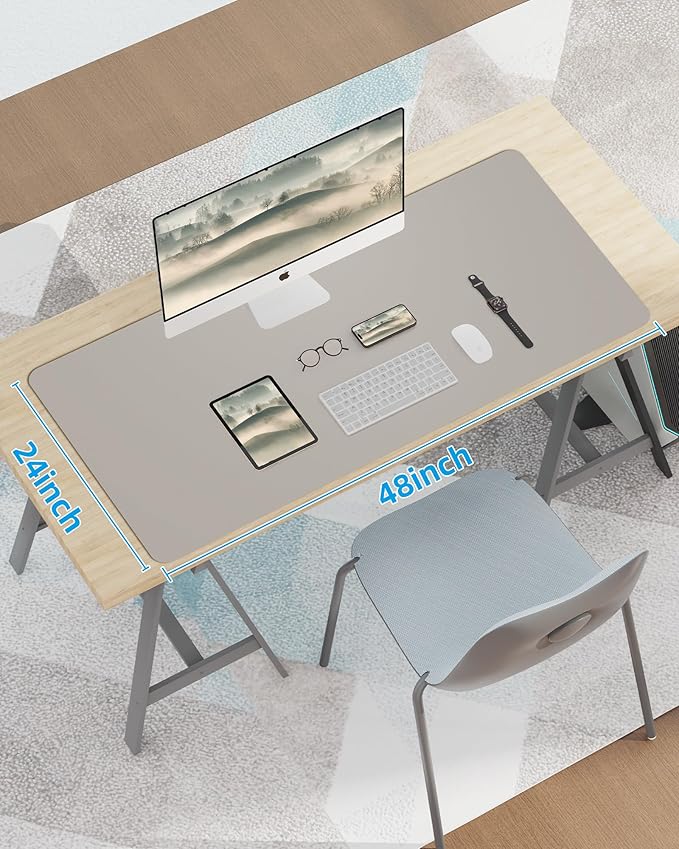 Leather Desk Pad Protector,Mouse Pad,Office Desk Mat, Non-Slip PU Leather Desk Blotter,Large Desk mat,Waterproof Keyboard mat for Office/Home/Decor (Light Grey,48" x 24")