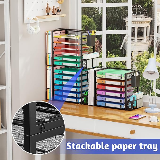 Simple Trending 6 Tier Desk File Organizer, Paper Letter Tray Organizer with File Holder and Pen Container, Black
