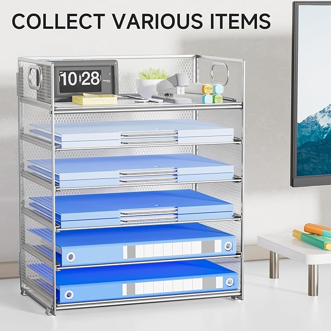 6 Tier Paper Organizer for Desk File Organizer with Handle Mesh Paper Letter Tray Organization for Desktop Document Holder for Office, Home & School-Silver