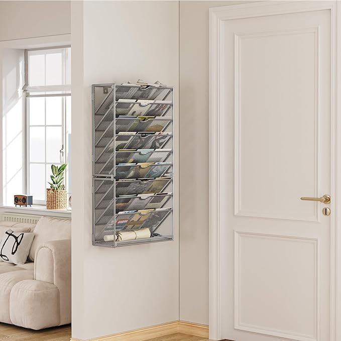 Lavatino 10-Tier Hanging Wall File Folders Organizer - Silver Metal Mesh Paper Magazine Document Mail Holder File Organizer for Office School Home Wall Mount or Desk Supplies Organization