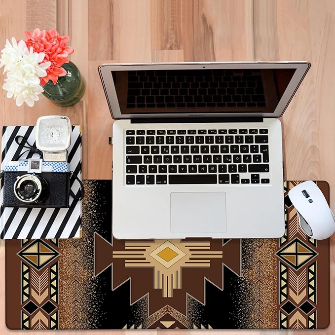 Large Mouse Pad Aztec Pattern Gaming Desk Pad Computer Keyboard Non-Slip Waterproof Mouse Mat with Rubber Base and Stitched Edges Entertainment Office Writing Desk Mat 35.4 x 15.7 Inches
