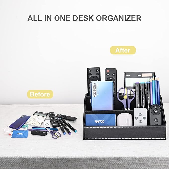 KINGFOM T31-6PCS/SET Office Desktop Decor Organizer Supplies Set PU Leather Remote Control Collection Holder, Pencil Box, Business Card Holder, Mouse Pad, Sticky Notes Paper and Dispenser