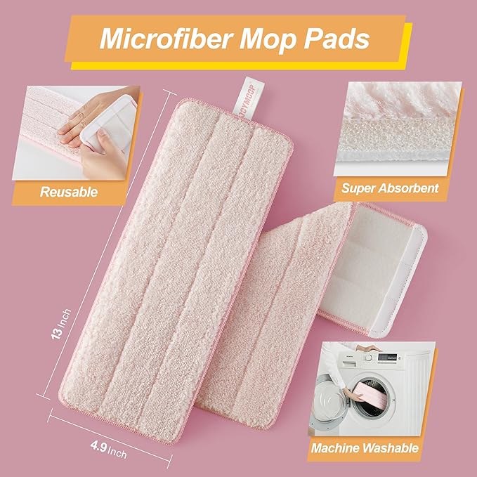 JOYMOOP Pink Mop and Bucket with Wringer Set for Home, with 3 Reusable Microfiber Mop Pads, Hands-Free Self-Cleaning System, Suitable for Floor Cleaning and Wall Cleaner