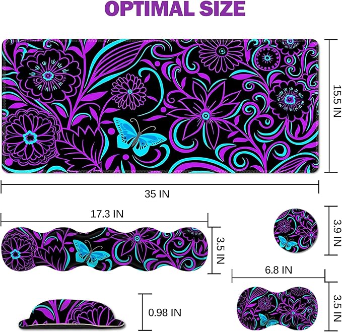 ARTSO Purple Desk Mat, Large Gaming Mouse Pad with Wrist Rest, Flower Butterfly XXL Mousepad+Keyboard Wrist Rest+Mouse Pad Wrist Support+Coaster Set for Home Office Accessories