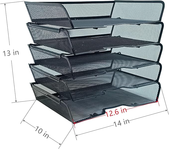 5 Tier Metal Mesh Desk Organizer-Stackable Letter Trays for Office Supplies,Black File Storage System with Reinforced Edges