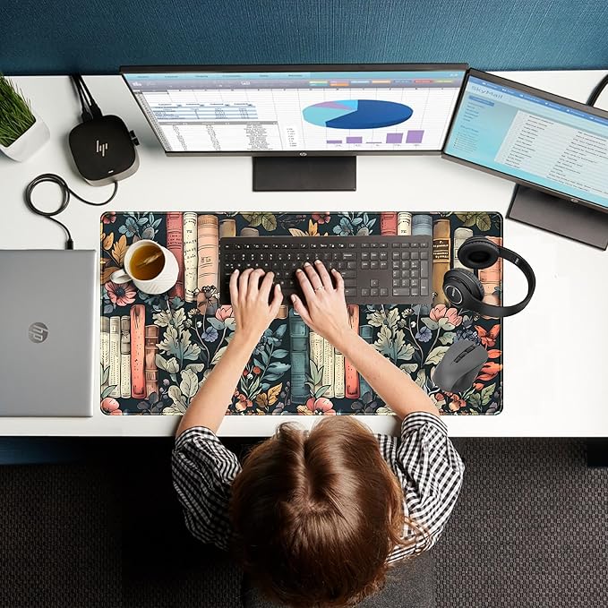 Floral Books Desk Mat Reading Desk Pad Mouse Mat XXL, Colorful Mouse Keyboard Pad Flower Bookshelf Desktop Mat, Long Computer Mats Aesthetic Desk Accessory Reader's Home Decor 31.5" x 15.7"