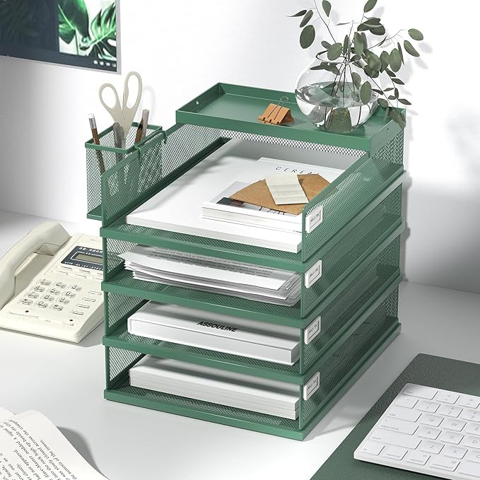 Stackable Letter Trays, 4 Tier Metal Paper Tray & Desk Organizer, Stackable File Trays for Office & Home, Multi-Functional Document Tray with Fine Grid Design & Magnetic Labels,Green