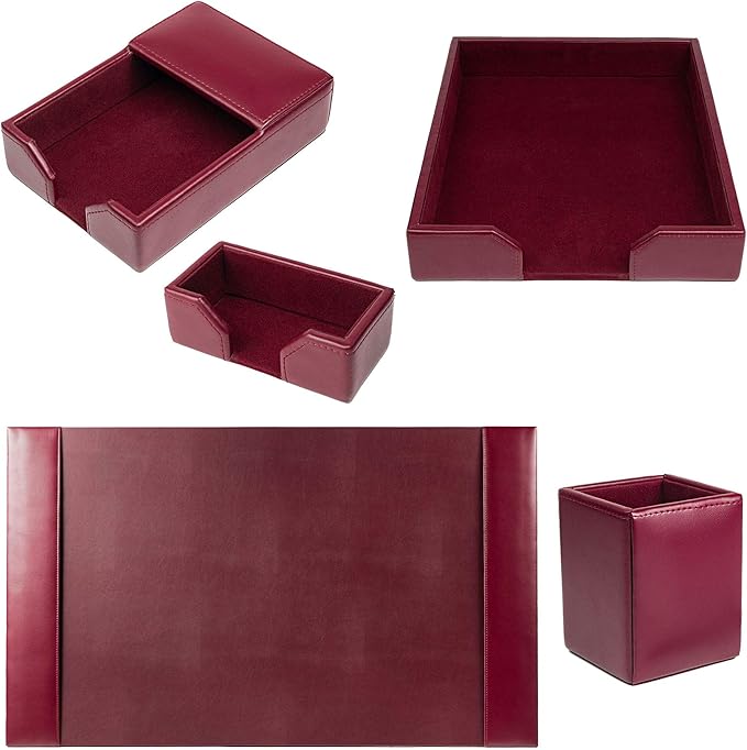 DACASSO Bonded Leather Desk Set - Luxury Leather Desk Pad & Desk Organization Essentials (Burgundy, 5 Piece)