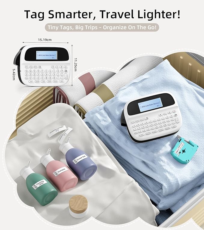 Label Maker Machine with 5 Tapes, Label Maker Waterproof-Labels Bundle, Rechargeable Bluetooth Labeler with Backlit LCD, M950 Handheld Label Printer for Office Home Use