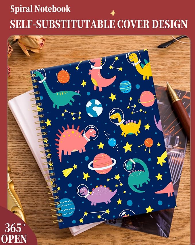 Spiral Journal Notebook for Women,A5 College Ruled Notebooks 6"x 8.4", 120 Pages Lined Journal with Premium Thick Paper,Perfect for School Office Home Gifts(Funny dinosaurs planets)