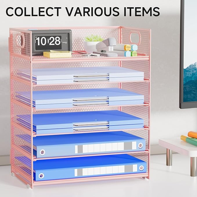 6-Tier Mesh Paper Organizer, Pink Letter Tray with Handle, Office Desk Accessories, 12.6L x 9.1W x 13.5H inches
