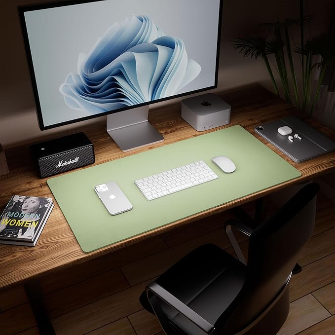 Aothia Dual-Sided Desk Mat - Natural Cork & Leather Desk Protector, Large Mouse Pad & Writing Pad for Office/Home, Olive Green (35.4" x 15.7")