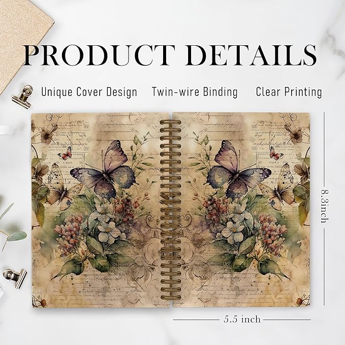 Vintage Butterfly Spiral Notebook, Butterfly Notebook, Butterfly Journal, Butterfly Flower Notebooks for School, Butterfly Floral Office Supplies Gifts for Women Girls Coworkers, 5.5x8.3 Inch