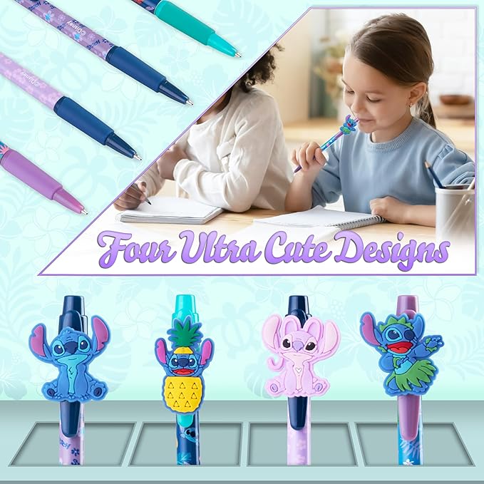 Disney Pens, 4 Cute Pens with Adorable Stitch Toppers, Pretty Pens for Journaling, Drawing, or School Work, Cute Pens for Women & Kids, Stitch School Supplies, Black Ink Ballpoint Pen Set