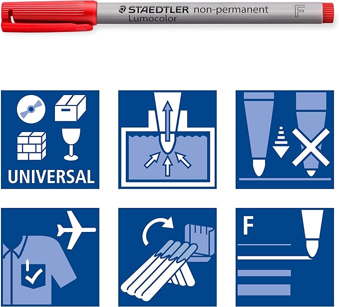 STAEDTLER Lumograph Non-Permanent Wet Erase Marker Pens, Fine Tip Refillable Colored Markers, 6 Pack, 315 WP6