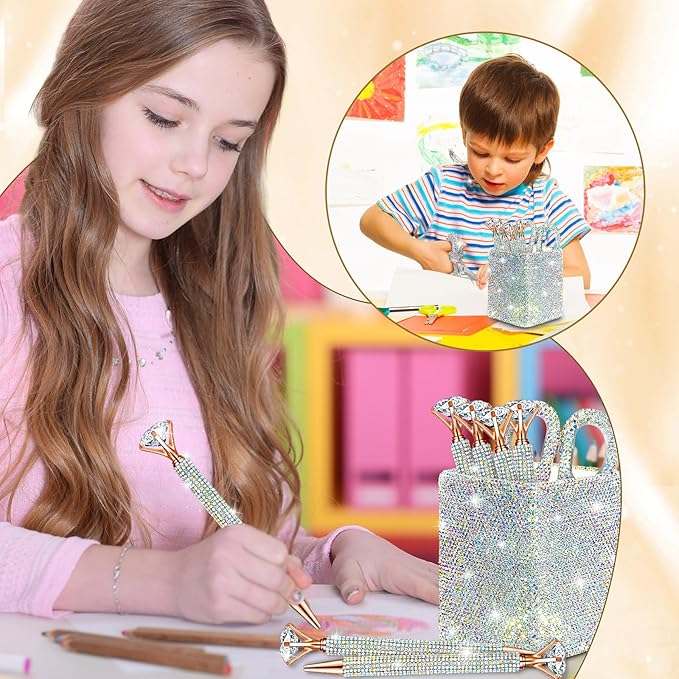 Qilery 8 Pcs Bling Desk Accessories Gift with 1 Bling Pen Holder 6 Pcs Crystal Rhinestone Pens 1 Crystal Scissors Glitter Makeup Brush Holder Vanity Decor Organizer(Multicolor)
