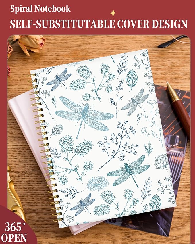 Spiral Journal Notebook for Women,A5 College Ruled Notebooks 6"x 8.4", 120 Pages Lined Journal with Premium Thick Paper,Perfect for School Office Home Gifts(Dragonfly)