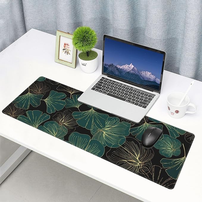 Ginkgo Leaf Large Mouse Pad, Gaming Desk Mat, XL Keyboard Desk Pad Mat for Desktop, 31.5"x11.8" Non-Slip Base Big Mousepad with Stitched Edges