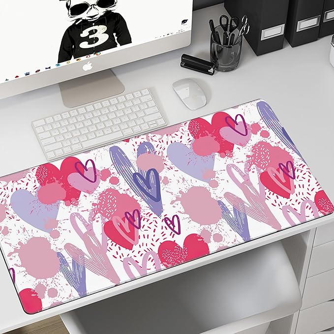 MIOAOSRT Desk Mat,Pink and Violet Hearts Gaming Mouse Pad,XXL Extended Mouse Pad Mat for Office,Computer,Keyboard with Non-Slip Base Stitched Eges Mousepad 35.4x15.75 inch