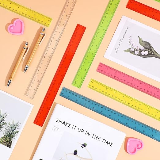 Fumete 300 Pack 12 Inch Plastic Rulers Bulk for Classroom Operation Christmas Supplies Flexible Transparent Assorted Color Ruler with Centimeters and Inches for Office Teacher Student
