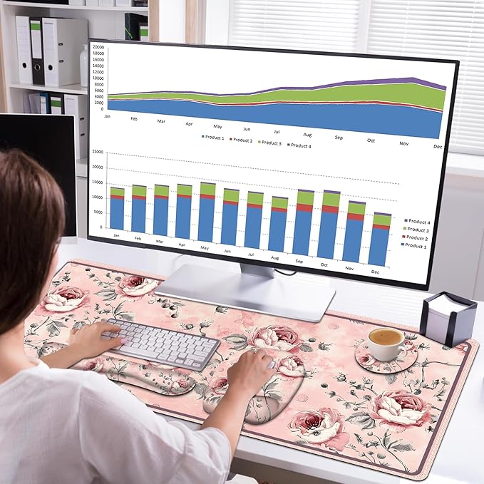 4 in 1 Large Mouse Pad, Keyboard Wrist Rest Set, Ergonomic Mouse Pad with Wrist Support, Desk Mat with Stitched Edges Extended Desk Pad Waterproof Desk Mat for Home Office Game I Pink Rose Flowers
