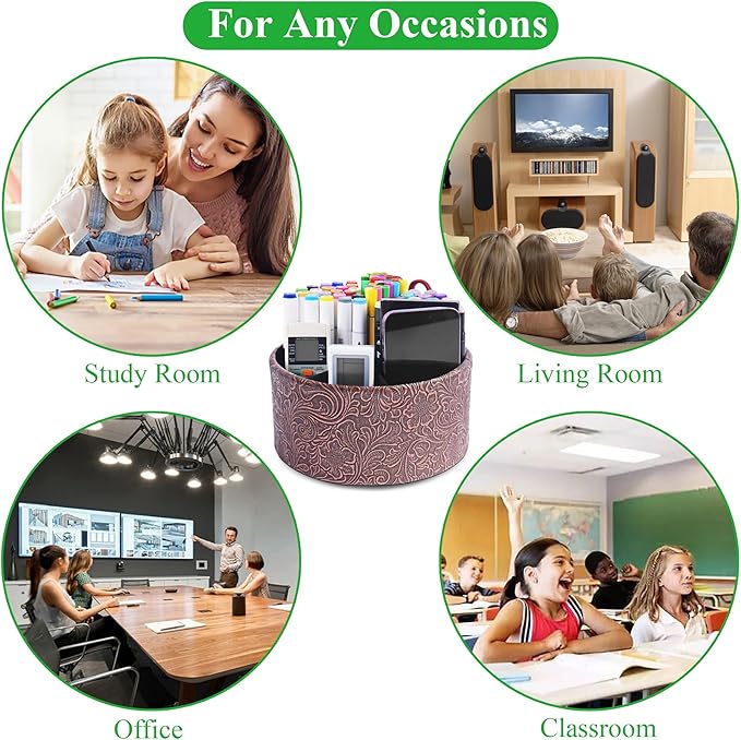 lizimandu Remote Control Holder, 360°Spinning PU Leather Desk TV Remote Caddy,Desk Storage Box Room Accessories for Controller, Media,Mail,Calculator, Mobile Phone,Pencil(1B-Carved Cooper Red)