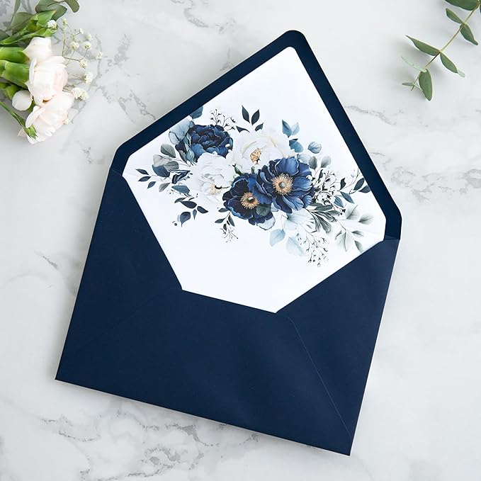PONATIA 50PCS A7 Euro Flap Envelopes, 5.25 x 7.25'' Liner Envelope For 5x7'' Weddings Invitation Cards, Christmas Gift Cards, Acrylic Invitations, Photos (Navy Blue)